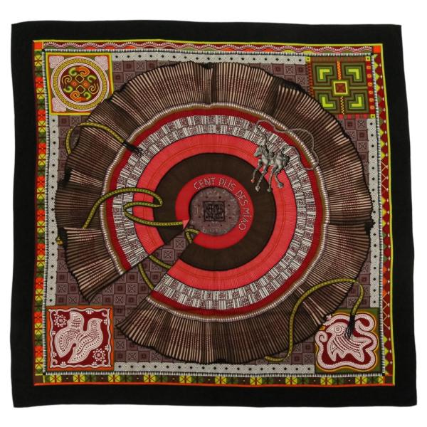 良品 HERMES エルメス CENT PLIS DES MIAO カレジェアン 140 カシシル 大判ショール ストール ブラック レッド レディース 古着 中古 USED HERMES（エルメス） 良品 CENT PLIS DES MIAO カレジェアン 140