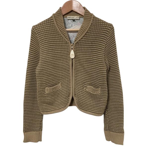 良品 SWASH LONDON スウォッシュロンドン シルクスカーフ切替 ニットブルゾン サイズS ベージュ レディース 古着 中古