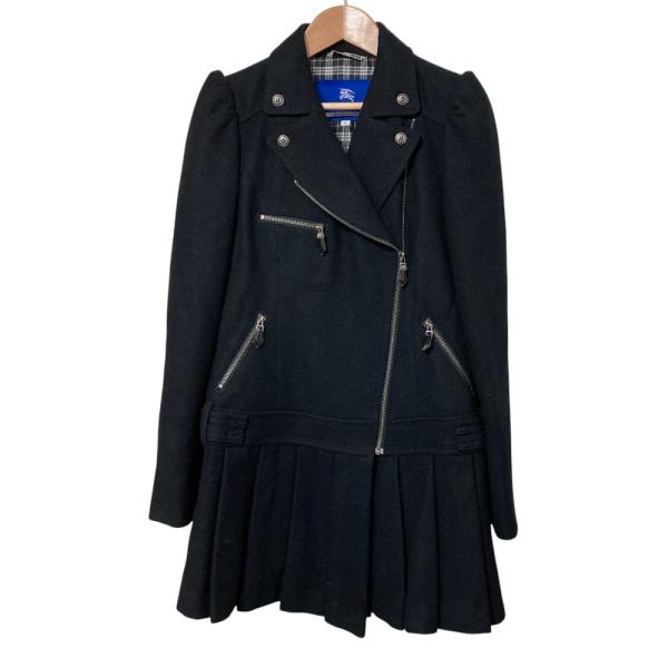 美品 BURBERRY BLUE LABEL バーバリーブルーレーベル 裏地チェック ウール ライダース フレアシルエット コート サイズ38 ブラック レディース 古着 中古