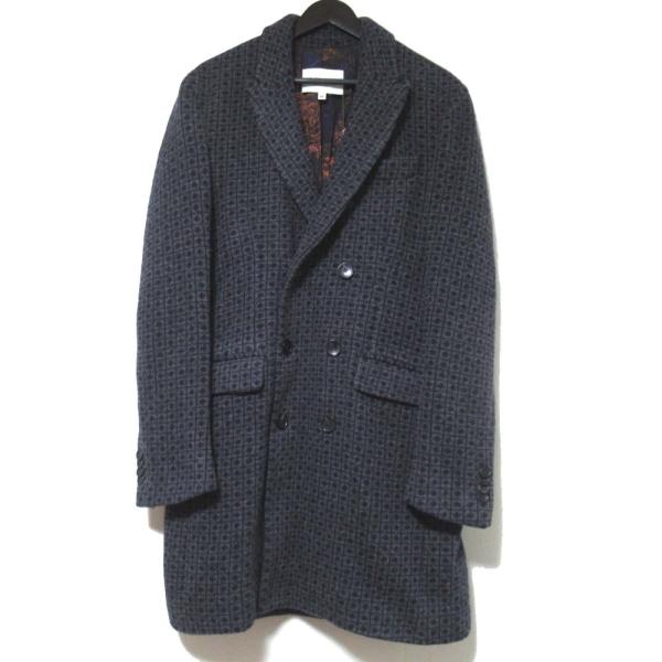 未使用 ETRO エトロ ローズ柄ライニング ダブルブレスト ニット チェスターコート XLサイズ グレー×ネイビー メンズ 古着 中古 USED ETRO（エトロ） 未使用 ローズ柄ライニング ダブルブレスト ニット