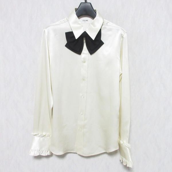 CELINE - 新品同様 23AW CELINE セリーヌ エディ期 ROMY SHIRT サテンシルク ロミーシャツ ブラウス 34 アイボリー×ブラック レディース 古着 中古 USED CELINE 新品同様 23AW セリーヌ エディ期 ROMY SHIRT サテン