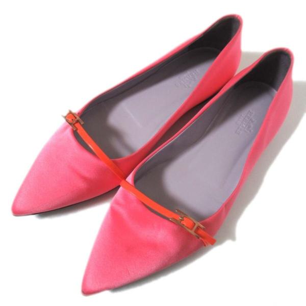 HERMES 美品 エルメス アピ サテン×レザー ポインテッドトゥ フラット