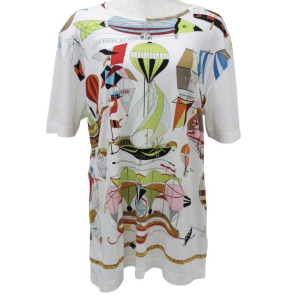 HERMES - 美品 HERMES エルメス LES FOLIES DU CIEL 大空の狂気 半袖 Tシャツ カットソー ホワイト レディース 古着 中古 USED HERMES 美品 エルメス LES FOLIES DU CIEL 大空の狂気 半袖 T