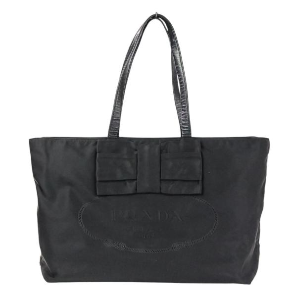PRADA 良品 プラダ ナイロン ロゴ リボン レザーハンドル トート