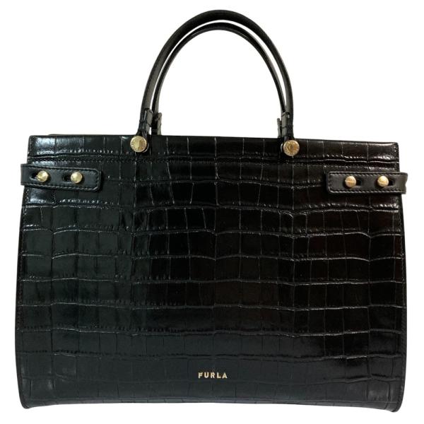FURLA フルラ LADY M クロコ型押し 2way現行ハンドバッグ 黒 FURLA（フルラ） 良品 LADY M レディ クロコ型押し レザー 2way トート