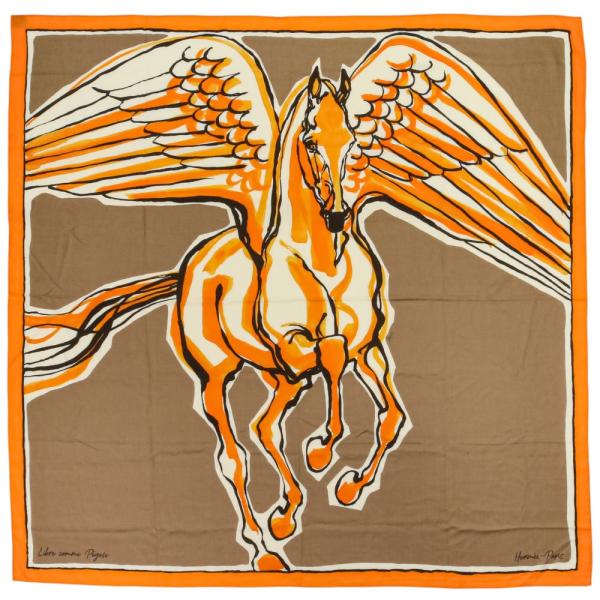 美品 HERMES エルメス Libre comme Pegase カレジェアン 140 カシシル ショール ストール オレンジ ブラウン レディース 古着 中古 USED HERMES（エルメス） 美品 Libre comme Pegase カレジェアン 140