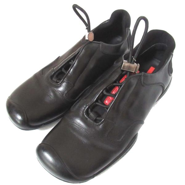 PRADA SPORT スニーカー スリッポン　ドローコード 37.5 美品 PRADA SPORT プラダスポーツ レザー スクエアトゥ ドローコード