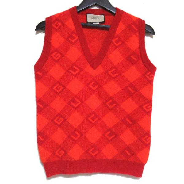 GUCCI - 美品 22SS GUCCI グッチ チェック柄 モヘヤ Vネック プルオーバー ニットベスト 650397 XKBM8 Sサイズ 165/88Y オレンジ レッド メンズ レディース 古着 中古 USED GUCCI - 美品 22SS GUCCI グッチ チェック柄 モヘヤ Vネック