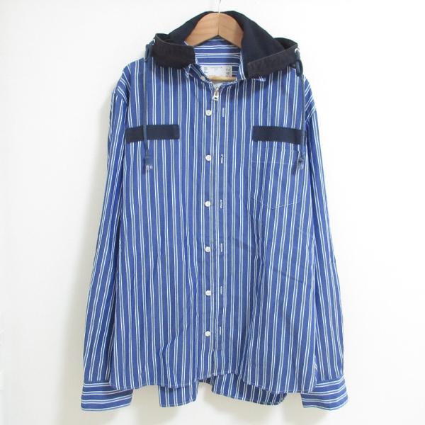sacai ブルゾン フリンジ くるみボタン ストライプ 異素材 ドッキング sacai（サカイ） 良品 フードドッキング ストライプ柄シャツ 20-02242M
