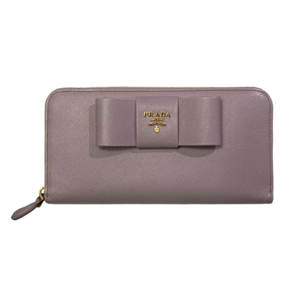 美品 PRADA プラダ リボン サフィアノレザー ラウンドファスナー ロングウォレット 1ML506 ピンク レディース 古着 中古 USED PRADA（プラダ） 美品 リボン サフィアノレザー ラウンドファスナー