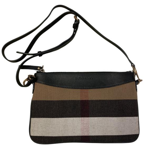 良品 BURBERRY バーバリー キャンバス×レザー ノバチェック フラットショルダーバッグ ブラック ブラウン レディース 古着 中古