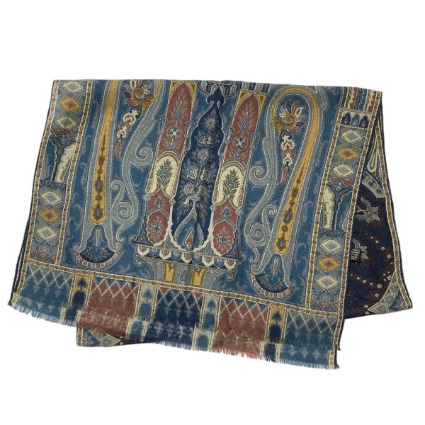美品ETRO エトロ　イタリア製　ウールシルク　大判ストール　ペーズリー ETRO（エトロ） 美品 ウール シルク ペイズリー柄 ストール ブルー