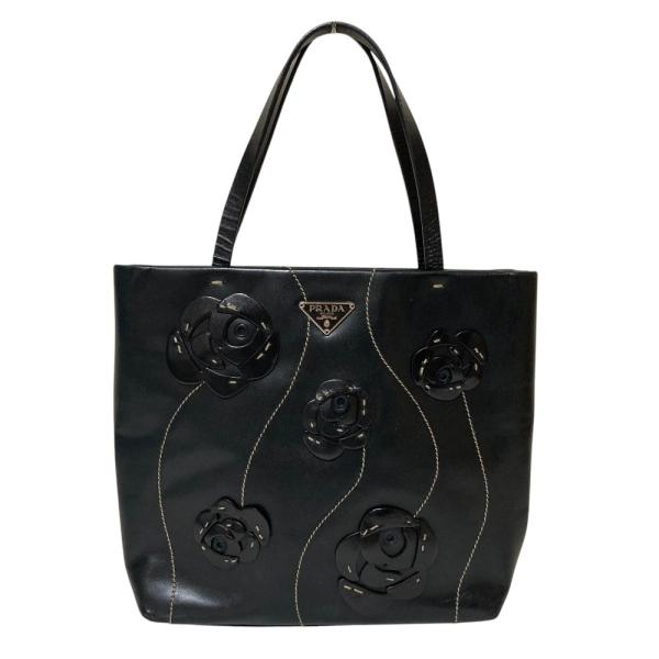 プラダ PRADA ツイード レザー ハンドバッグ 三角ロゴプレート PRADA（プラダ） 美品 トライアングルロゴプレート フラワーモチーフ