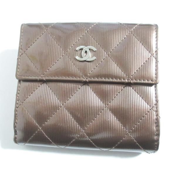 シャネル三つ折り財布 チョコバーパテントレザーダークブラウンCHANEL CHANEL（シャネル） 良品 マトラッセ パテントレザー Wホック