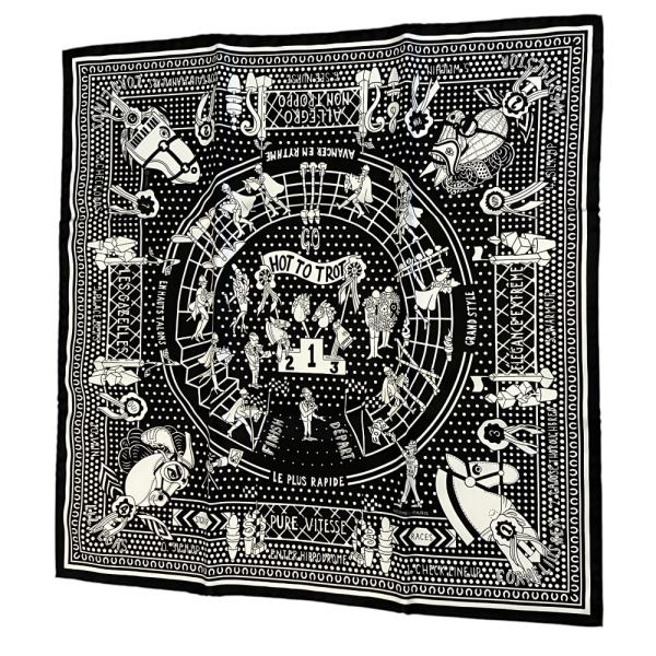 新品同様 HERMES エルメス カレ55 HOT TO TROT ホット・トゥ・トロット スカーフ ブラック レディース 古着 中古