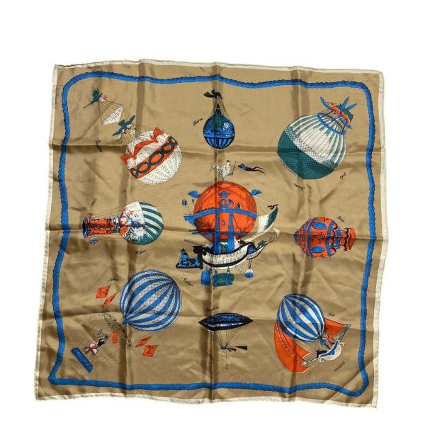 美品【manipuri マニプリ】シルク100％スカーフ65×65気球柄 manipuri（マニプリ） 良品 気球柄 シルクスカーフ ベージュ