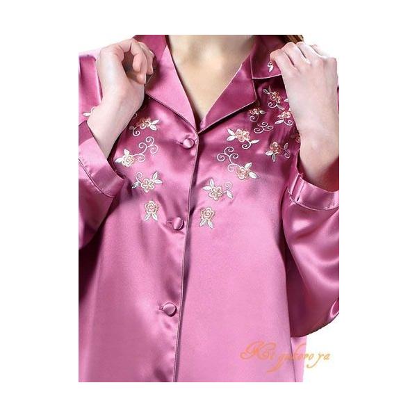 シルクパジャマ レディース 長袖 シルク100% 花柄 刺繍 紫色