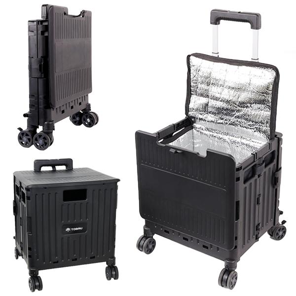 [TOBAU/保冷バッグ付き] キャリーカート クーラーボックス 折りたたみ 4輪 50L コンテナキャリーカート 耐荷重25kg 360°回転 軽量
