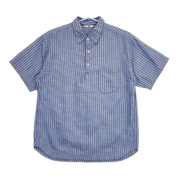 美品＊45R コットンプルオーバーシャツ ブルー 長袖 洗える 日本製 R刺繍 45R 45R/45rpm ストライプ プルオーバー サイズ2 半袖シャツ