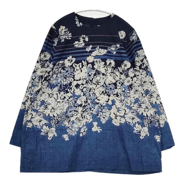 美品 45R フォーティファイブアール インディゴ 小花柄刺繍 ブラウス 洗える 45R（フォーティファイブアール） 45R/45rpm ボーダーフラワープリント