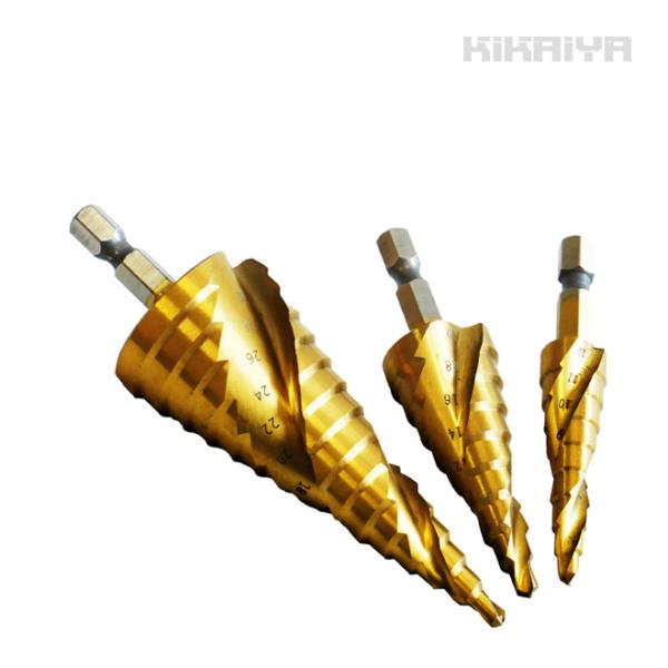 ・サイズ違いでビット交換の手間なし！様々な大きさの穴あけに・薄鉄板・ステンレス・アルミニウム・木材・プラスチックなど、様々な材質に対応・スパイラル溝は切削時に圧力を小さくし、切りくずの排出が良く、ストレートタイプに比べ耐久性もあり仕上がりも...