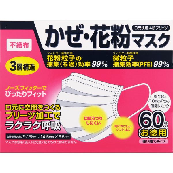 マスク 不織布マスク 10枚ずつ個別包装 4段プリーツ 使い捨てタイプ 60枚 小さめサイズ(14.5cm×9.5cm)
