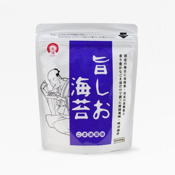 パリッとした食感、絶妙な塩加減、ごま油のふくよかな香り。海苔の旨みがより一層引き立てられた、そのまま食べたくなる美味しさです。おやつ・おつまみとしても美味しくお召し上がりいただけます。