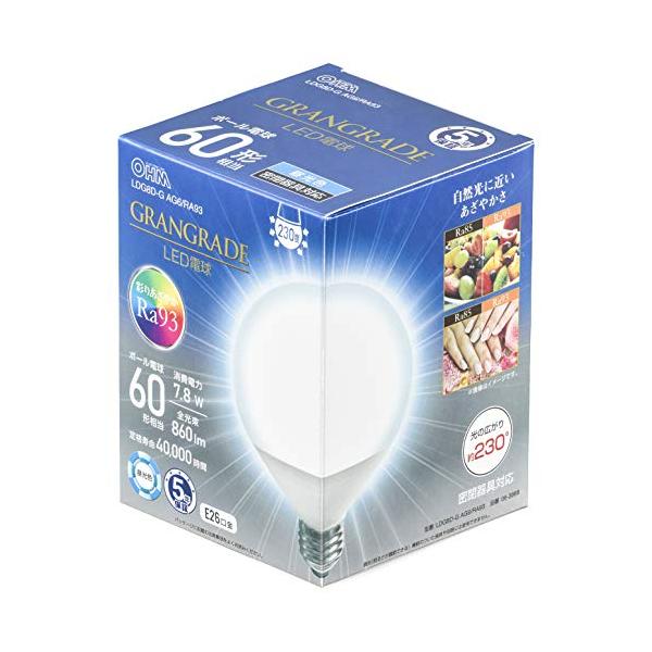 他サイト： オーム(OHM) 電機 LED電球 ボール電球形 E26 60形相当 昼光色 LDG8D-G AG6/RA93 06-3868の商品画像