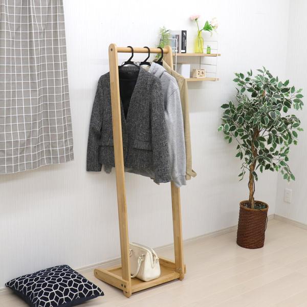 天然木 L型ハンガーラック46cm 木製 ハンガー 家具 衣類 洋服掛け コートハンガー ウッドラック 収納付き ナチュラル インテリア スリム 一人暮らし リビング