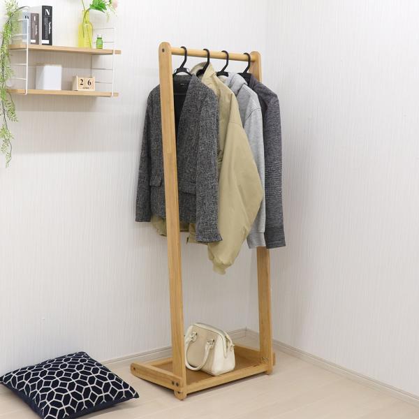 天然木 L型ハンガーラック56cm 木製 ハンガー 家具 衣類 洋服掛け コートハンガー ウッドラック 収納付き ナチュラル インテリア スリム 一人暮らし リビング