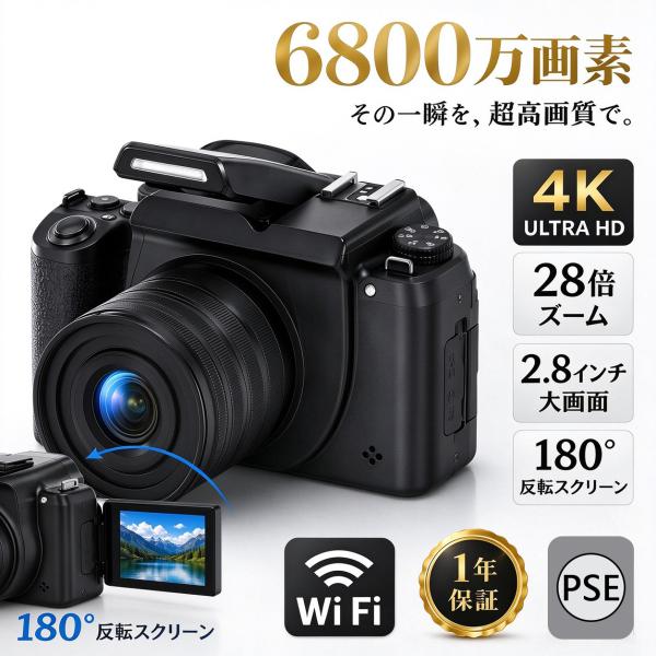 デジタルカメラ 一眼レフカメラ 初心者 WiFi対応 大画面液晶 4K高画質 6800万画素 IRナイトビジョン28倍ズーム 電子手ブレ補正 2.8インチ大画面 動画撮影
