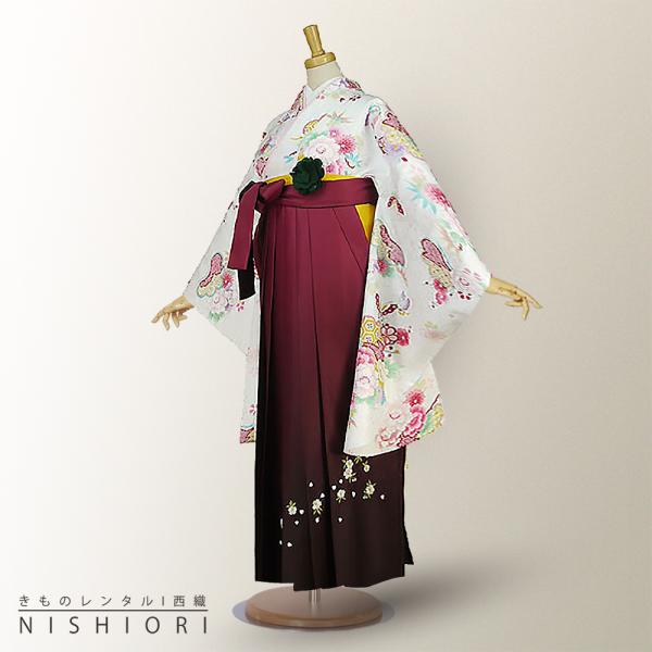 二尺袖着物 袴 レンタル 貸衣装 白×ワイン×ボカシ×刺繍 袴 Lサイズ 小学生 対応 ブーツ選択可 kimono-cafe_b1ag0336