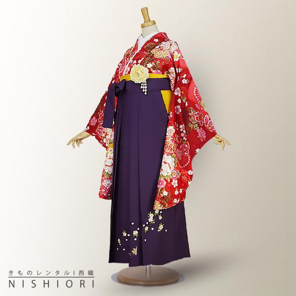 NISHIORI 二尺袖着物 袴 レンタル商品 送料無料 貸衣装 赤×紫×刺繍 袴