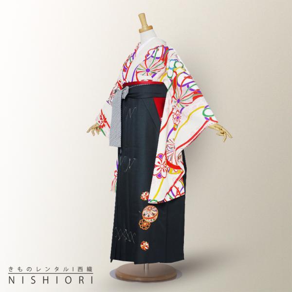 二尺袖 着物 袴 レンタル 貸衣装 夢千代×九重 白 鞠 黒 無地 刺繍 袴　M サイズ 小学生 対応 ブーツ選択可 NISHIORI 二尺袖 着物 袴 レンタル商品 貸衣装 貸衣装 夢千代×九重 白