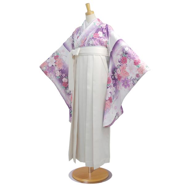 二尺袖 着物 袴 フルセット レンタル 【貸衣装 卒業式 大学生】 古典 レトロ【袴 Lサイズ】【ジュニア袴(小学生)対応可】紫系　オフホワイト くすみカラー NISHIORI 二尺袖 着物 袴 フルセット レンタル商品 【貸衣装 卒業式