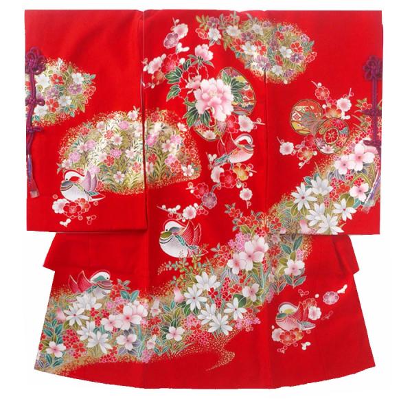 女児 産着 レンタル商品 お宮参り 着物 帽子 よだれかけ セット 女の子 貸衣装 和服 祝い着 初着 産着 往復送料無料 おしどり 赤