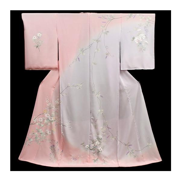 在庫処分 訪問着 手描友禅 正絹 桜色 ピンク 薄紫 菊 梅 桔梗 葡萄唐草