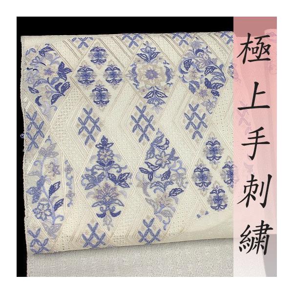 名古屋帯 夏物 豪華手刺繍 生成色 菱 花 更紗 正絹 紗 相良刺繍 名古屋帯 夏物 豪華手刺繍 生成色 菱 花 更紗 正絹 紗 相良刺繍