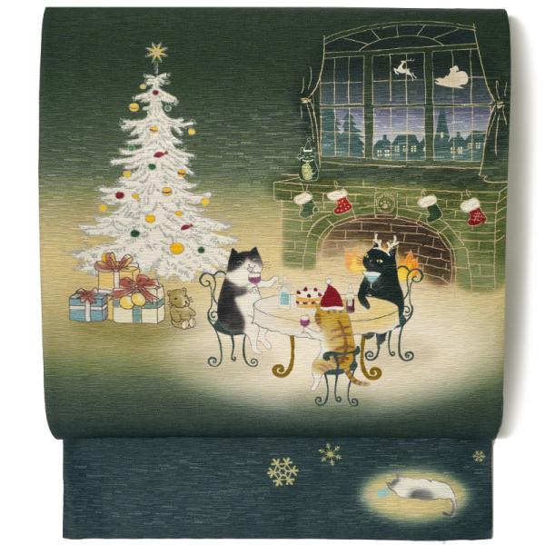 京袋帯 WAKKA ホーリー☆ニャイト 緑 深緑 猫 クリスマス ツリー 