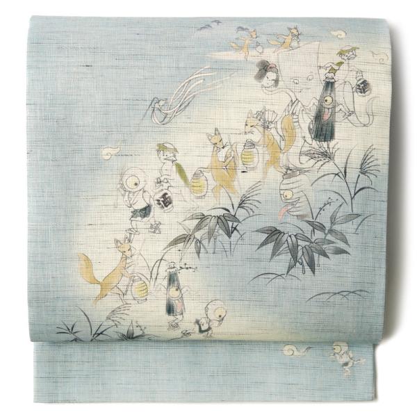 新品 WA・KKA 麻 京袋帯 061 なんかようかい？ 薄あさぎ 妖怪 京袋帯 WAKKA 麻 百鬼夜行 薄浅葱 きなり おばけ キツネ 夏帯 妖怪