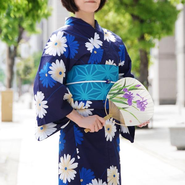 ✿新品未使用　綿麻浴衣　ターコイズブルー　大人浴衣　碧色　菊　ふくれ織半幅帯 浴衣 レディース 女性用 Scena ターコイズブルー 青 青緑 向日葵 綿 麻