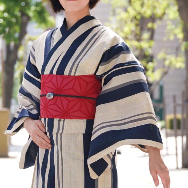 浴衣2点セット綿麻矢鱈縞レディース30代40代50代生成紺ボルドーストライプレトロモダン半幅帯古典柄夏着物女性用 Buyee 日本代购平台 产品购物网站大全 Buyee一站式代购