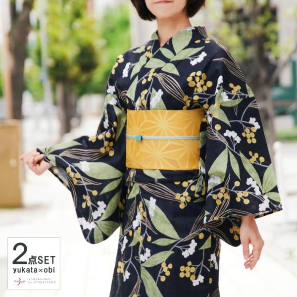 浴衣 2点セット 南天 黒 レディース 30代 40代 50代 黄色 緑 花 葉 モダン 綿 半幅帯 古典柄 夏着物 女性用 Buyee Servicio De Proxy Japones Buyee Compra En Japon