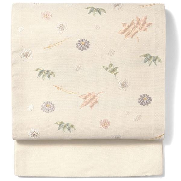 花柄刺繍 京袋帯クリーム色　SEIKOMATSUDAkimono 京袋帯 吹き寄せ アイボリー オフ白 紅葉 桜 松葉 笹 花 伝統文様