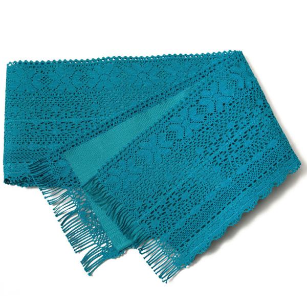 撫松庵 半幅帯 レース ターコイズ 青緑 フェミニン エレガント 夏帯