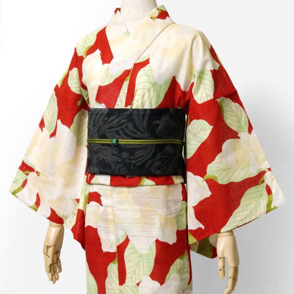 夏着物 綿絽 岡重 泰山木 花 赤 黄色 古典柄 レディース 30代 40代 50