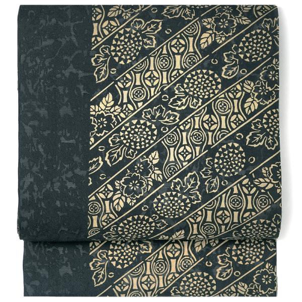 名古屋帯 絽 伊勢型染 正絹 紋寄せ縞 唐草 紺 生成 ベージュ 伝統文様