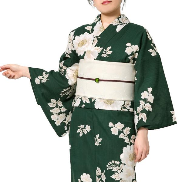 浴衣 深緑に牡丹 緑 クリーム オフ白 花 ポリエステル アイロンレス