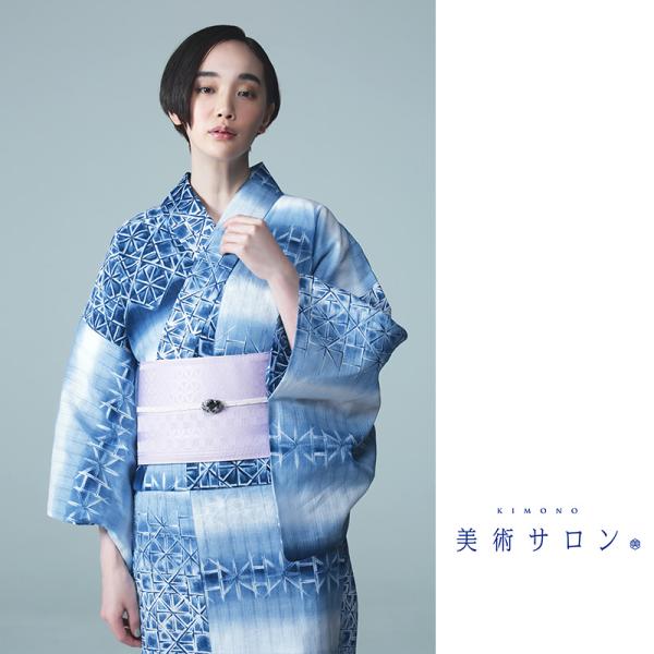 浴衣 美術サロン 藍捺染 切子ガラス風 藍 紺 白 知多木綿 綿麻