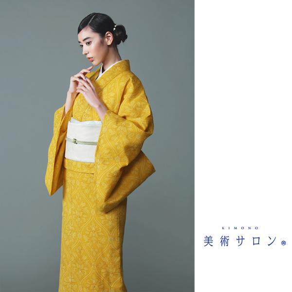 浴衣 美術サロン ちぢみ 知多木綿 綿麻 ダマスク 黄色 カラシ マスタード 幾何学 モダン レディース 上品 女性用 仕立上がり 単品 日本製